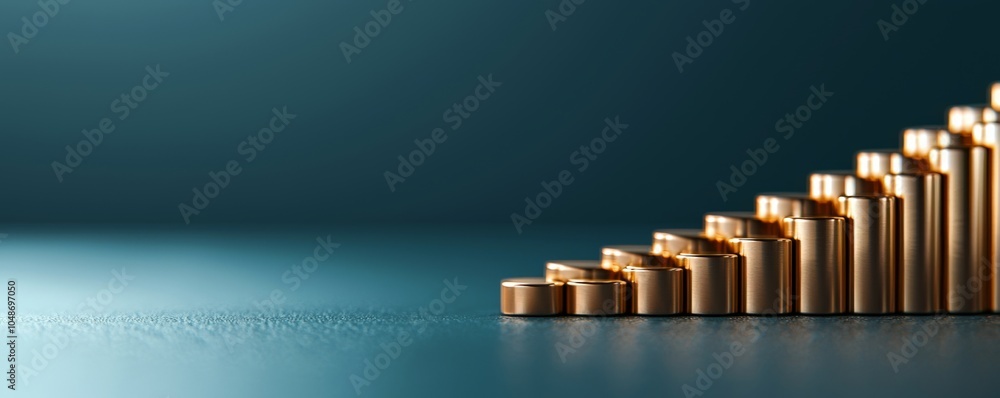 Poster a series of golden coins stacked in an ascending order, creating a visually appealing gradient again