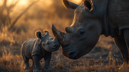 Fototapeta premium Mother and baby rhino getting ready to drink