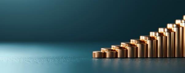 A series of golden coins stacked in an ascending order, creating a visually appealing gradient against a soft blue background.