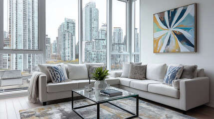 A photo of the living room in an apartment featuring white sofas, grey pillows and a coffee table with a glass top. Luxury modern apartment. Interior design. Contemporary elegance and sophistication.