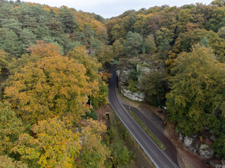 Aerial view on Mullerthal, Luxembourg's Little Switzerland, hiking routes, rock formations, moss-covered forests, tourist destination in Europe