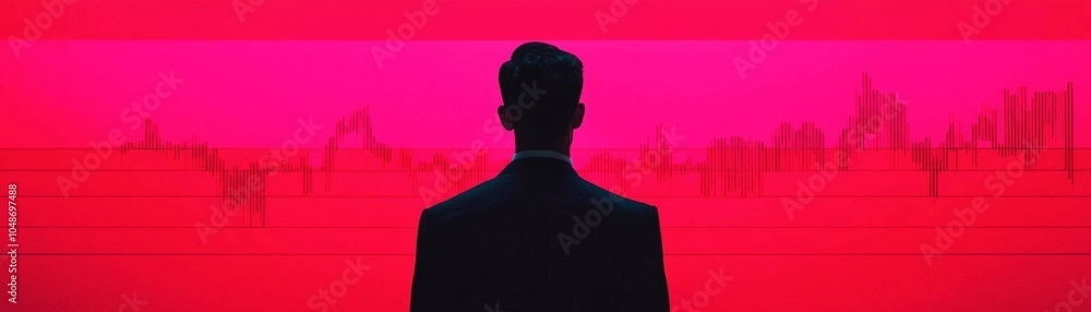 Poster a person stands silhouetted against a vibrant red background with waveforms, conveying a sense of te