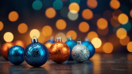 Christmas decorations on abstract background with glowing Christmas lights in blue and orange tones