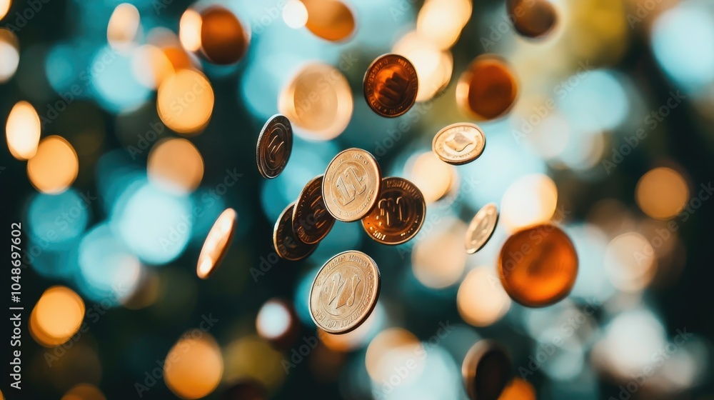 Aufkleber Falling coins gleam dynamically in front of a blurred background, a rich and vibrant display of abundance