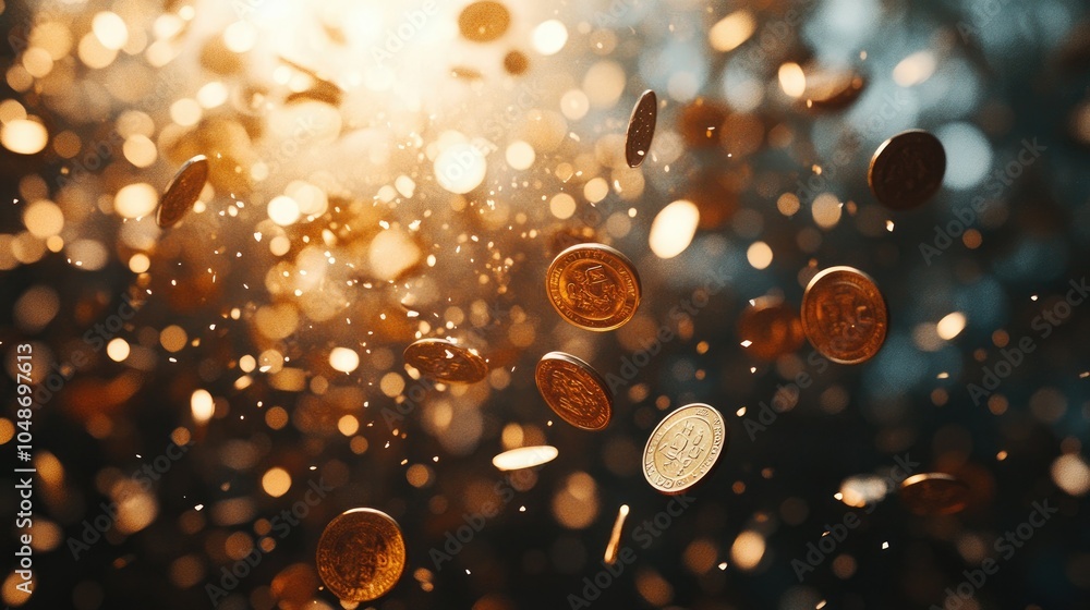 Aufkleber Falling coins gleam dynamically in front of a blurred background, a rich and vibrant display of abundance