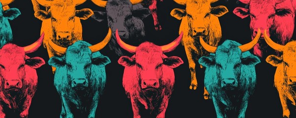 A vibrant, pop-art depiction of colorful cows against a dark background, showcasing a striking contrast in hues and forms.