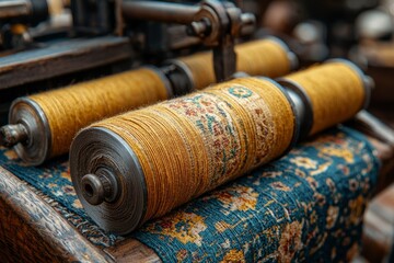 Close-up of a loom with spools of yarn and a partially woven carpet