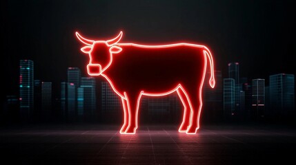 A glowing neon outline of a cow stands against a dark cityscape, highlighting a blend of modern art and agricultural symbolism.