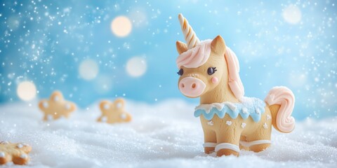 Cute gingerbread unicorn figurine in snowy winter scene with festive bokeh lights, creating a magical holiday atmosphere.
