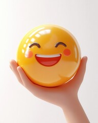 Hand holding a smiling emoji, vibrant 3D cartoon style, white background