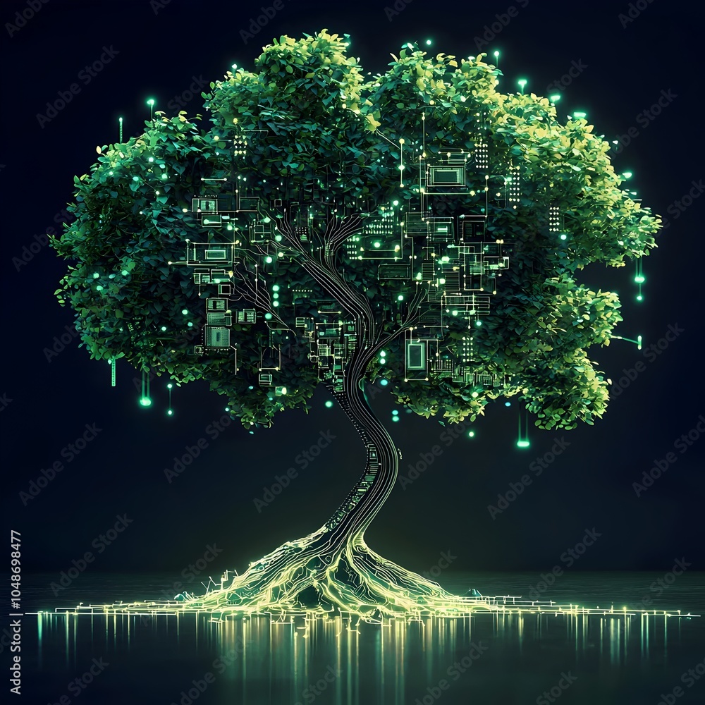 Poster futuristic microchip tree symbolizing technological ecosystem growth