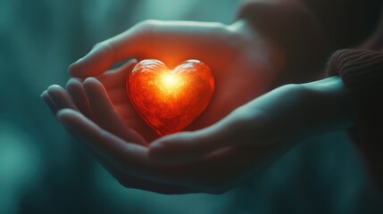 Gentle hands cradle a heart with a bright glow, with a softly blurred background for an emotionally warm image