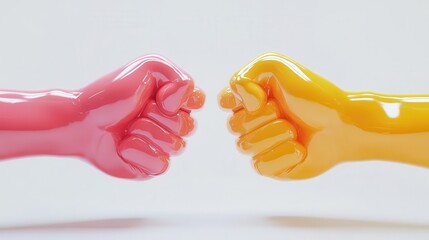 Colorful 3D cartoon-style fist bumping hands, white background, adding a touch of whimsy to the design.