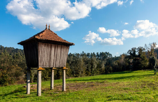 Construction intended to store, aerate and protect corn. In this area of ​​Portugal it is called canastro. Santa Maria da Feira, Aveiro, Portugal.