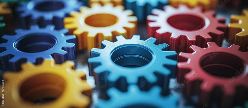 Poster close up of colorful interlocking gears.
