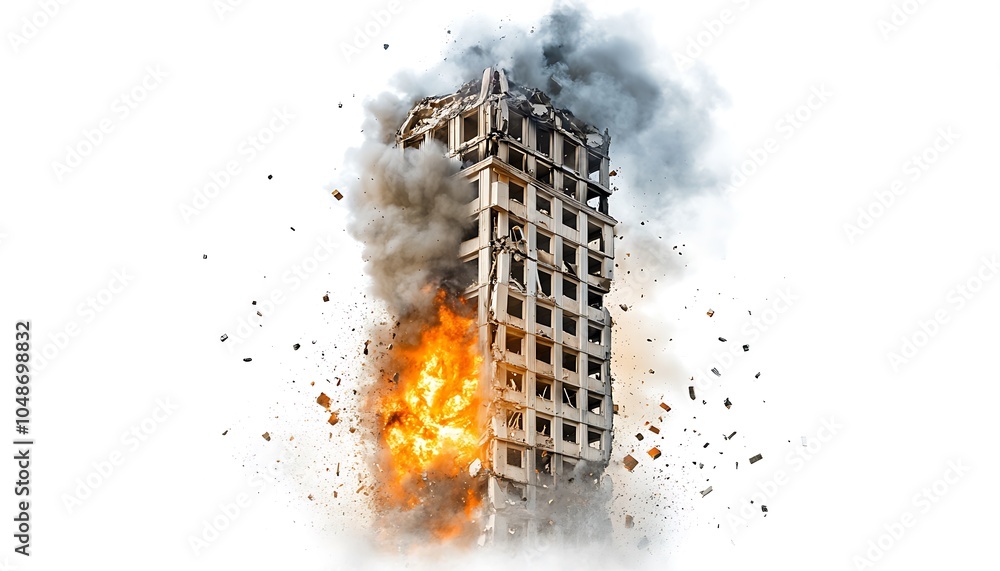 Poster a building exploding with flames and debris, depicting destruction and chaos.