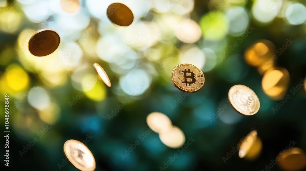 Poster gold coins in motion, suspended in air with a softly blurred background, creating a sense of wealth 