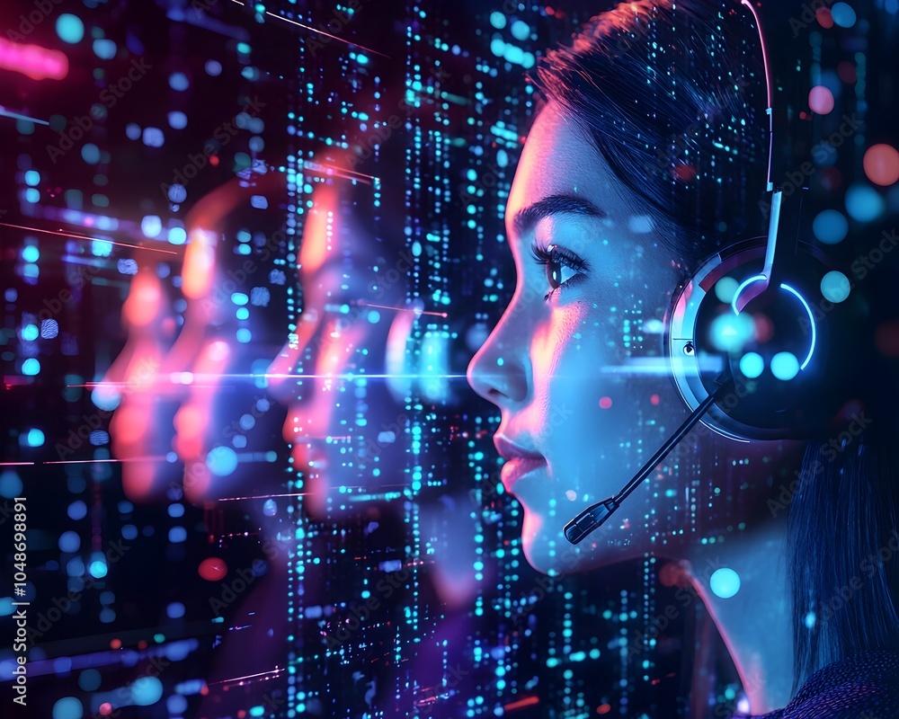 Poster futuristic ai powered virtual call center symbolizing efficient customer care and experience