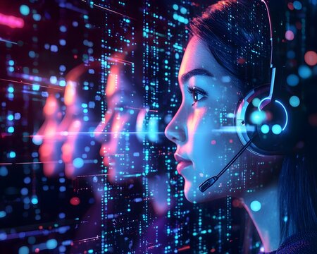 Futuristic AI Powered Virtual Call Center Symbolizing Efficient Customer Care and Experience - Powered by Adobe