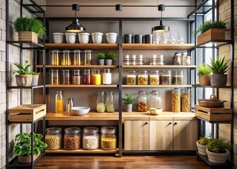 Stylish and Organized Kitchen Pantry with Glass Jars and Metal Containers for Urban Exploration Photography