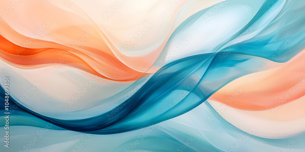 Poster a soft, flowing abstract composition with wavy lines in shades of blue and peach, creating a sense o