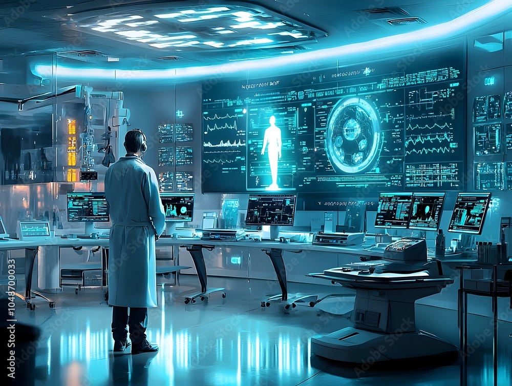 Poster futuristic hospital command center monitors patient data in real time with advanced and digital inte
