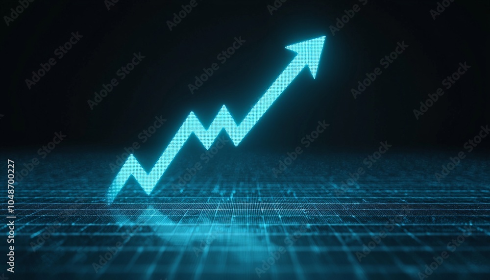 Poster a digital upward arrow indicates growth and progress against a dark background, symbolizing success 