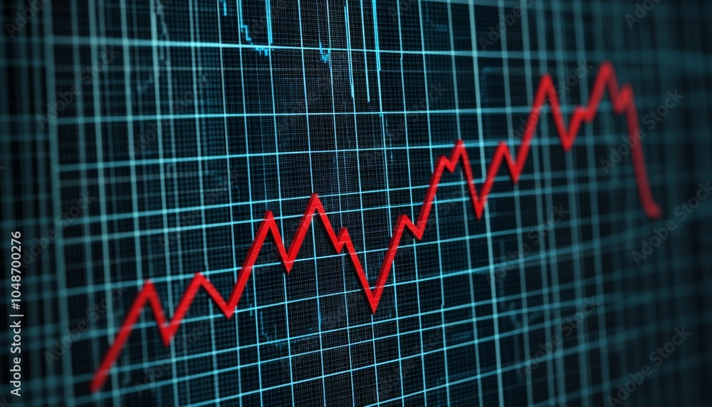 Poster a red line chart on a dark grid background illustrates rising values, emphasizing trends in data or 