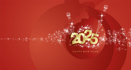 Happy New Year 2025 light stars sparkle firework golden 2025 year red Christmas ball landscape greeting card
