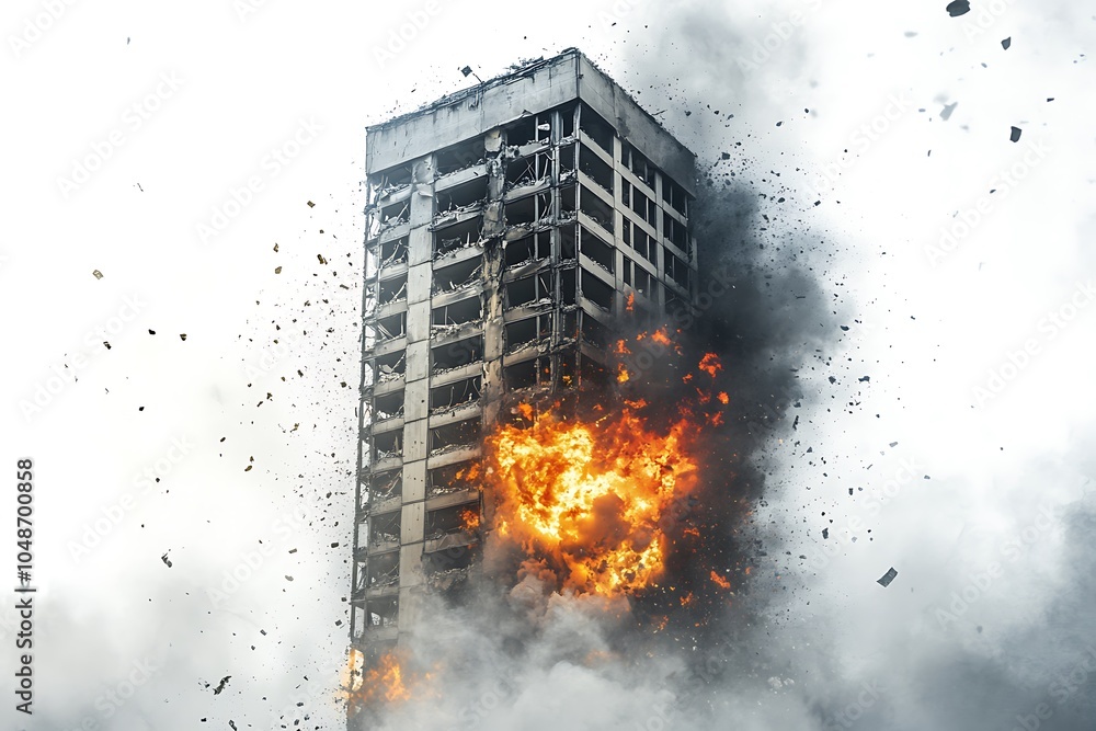 Poster a tall building explodes in a dramatic display of fire and debris.
