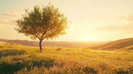 Fototapeta premium Peaceful scene of a lone green tree under warm sunlight in a vast field, radiating natural tranquility.