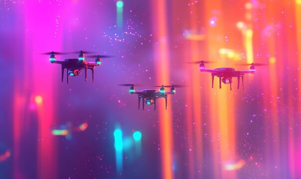 Three drones flying in neon light.