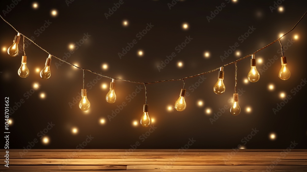 Aufkleber ambient string lights illuminate a wooden table with a dark background, creating a cozy atmosphere