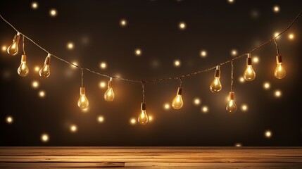 Ambient string lights illuminate a wooden table with a dark background, creating a cozy atmosphere