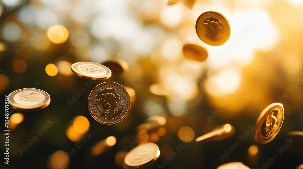 Fototapete richly golden coins fall dynamically against a blurred background, creating a scene filled with move