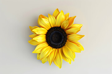 Obraz premium A single sunflower with yellow petals and a dark brown center is isolated on a light gray background.