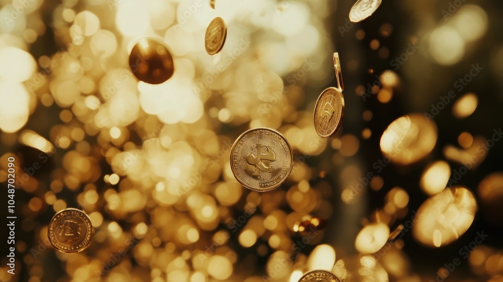 Fototapete Richly golden coins fall dynamically against a blurred background, creating a scene filled with movement and wealth