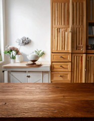 Fototapeta premium wooden counter top with kitchen cabinet background 