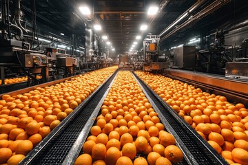 Industrial Conveyor Belt Transporting Ripe Oranges