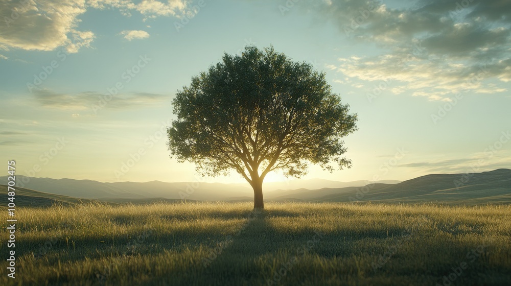 Poster Serene image of a single green tree with soft sunlight in an open field, symbolizing peace and nature.