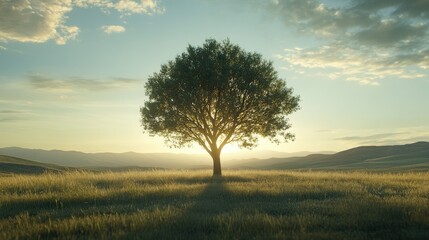 Fototapeta premium Serene image of a single green tree with soft sunlight in an open field, symbolizing peace and nature.