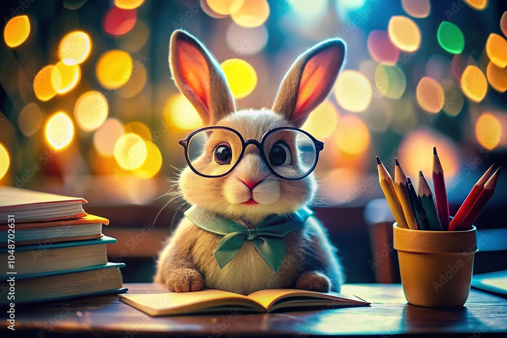 Aufkleber whimsical rabbit character with glasses at a desk surrounded by books and stationery in a bokeh effe