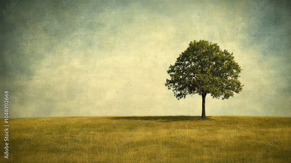Poster Serene image of a single green tree with soft sunlight in an open field, symbolizing peace and nature.