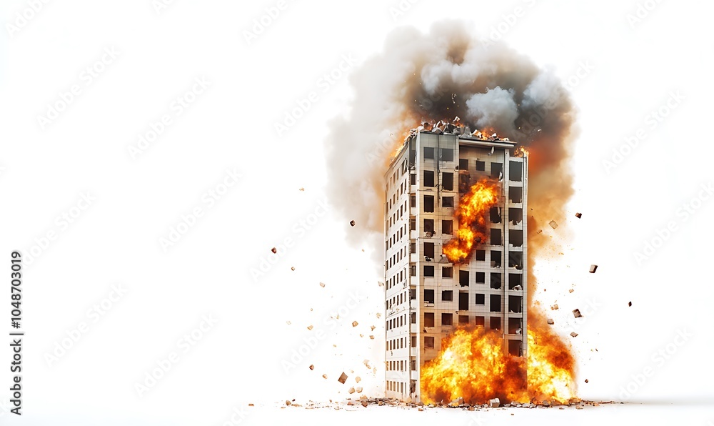 Poster a building exploding with flames and smoke, depicting destruction and chaos.