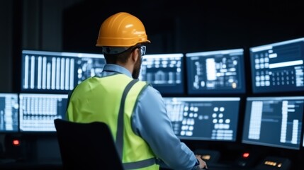 A worker in a safety helmet and vest monitors multiple screens in a dark control room, analyzing data and managing operations.