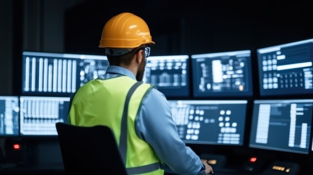 A worker in a safety helmet and vest monitors multiple screens in a dark control room, analyzing data and managing operations.