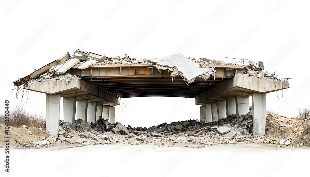 Poster a collapsed bridge structure with debris and exposed supports.