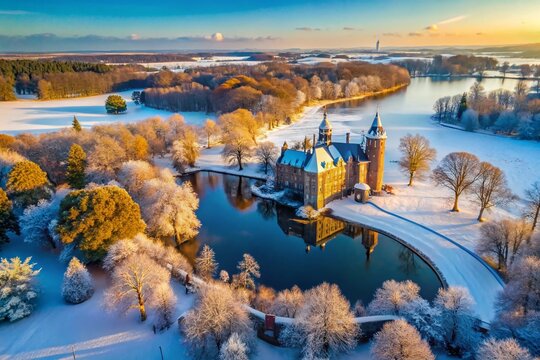 Winter Wonderland: Castle Reflected in Frozen Pond, Baarn, Netherlands - Scenic Snowy Landscape Photography