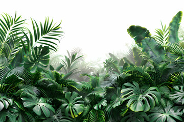 Lush green tropical foliage creates a dense, vibrant border, framing a white background with its diverse leaves and textures.