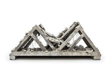 A sculptural installation featuring a fragmented concrete structure with angular forms.
